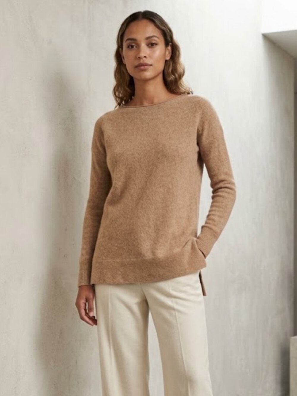 HALOGEN Cashmere Wool Blend Tunic Sweater Small Camel Tan Boat Neck High Low